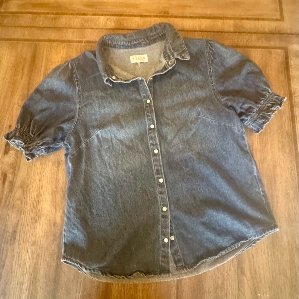 RISEN Puff Sleeved Blue Denim 100% Cotton Button-Down/Snap Short Sleeved Shirt-M